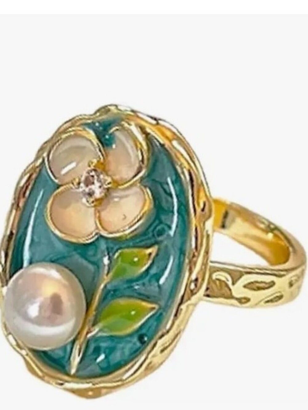 Gold-Tone Green Enamel Floral Ring with Pearl Accent